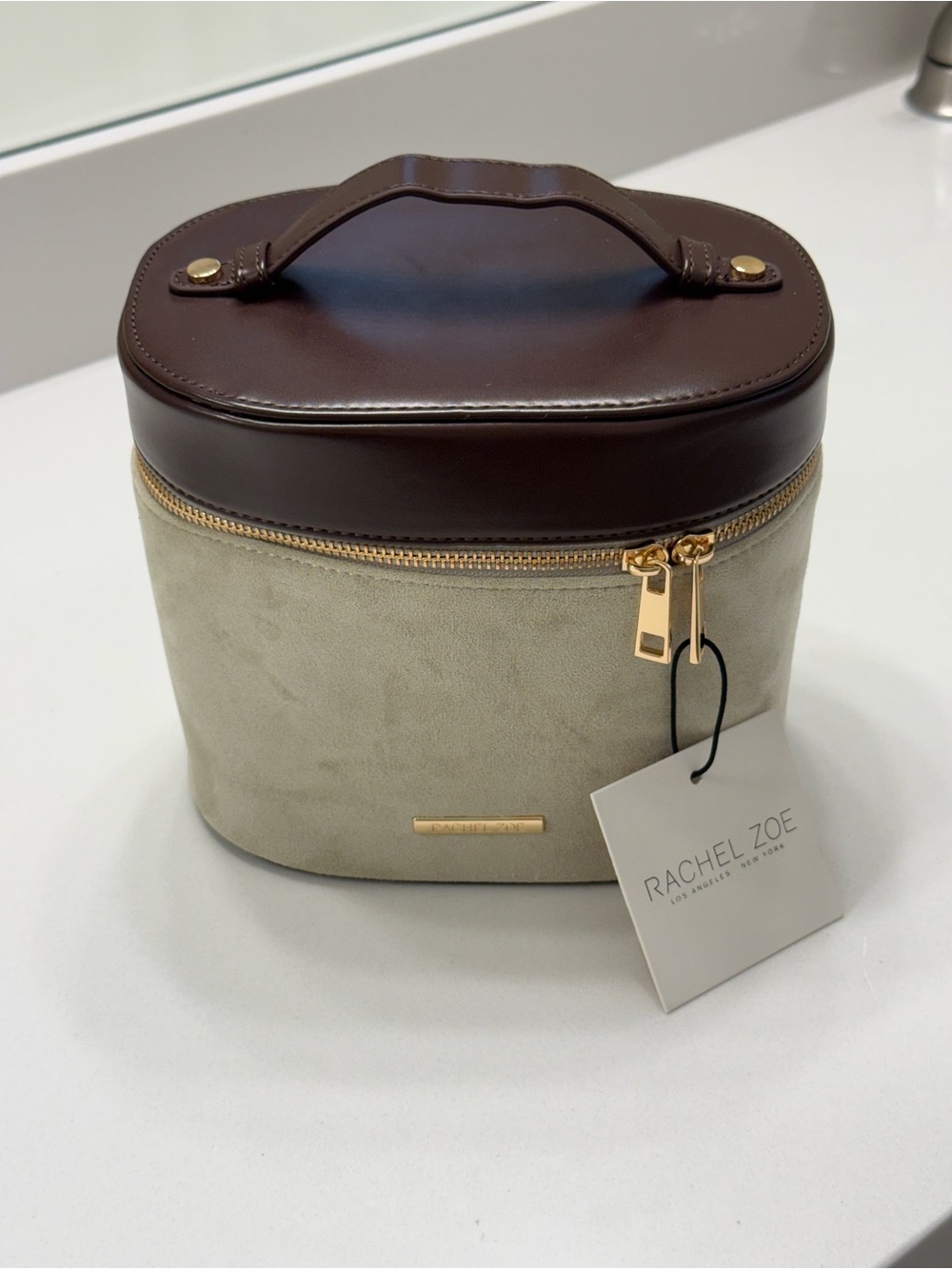 Rachel Zoe Sage Suede and Dark Brown Faux Leather Vanity Case  NWT
